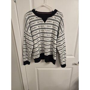 Vintage Tommy Hilfiger Spell Out Sweater Men’s Large – White & Blue – 90s Y2K